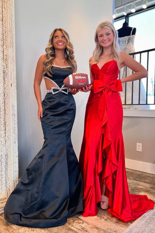 Hot Spaghetti Straps Mermaid Satin Long Corset Prom Dress with Bow