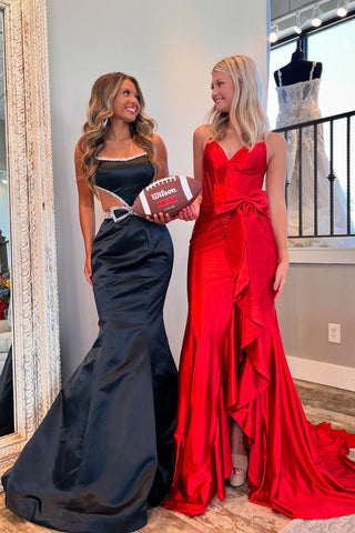 Hot Spaghetti Straps Mermaid Satin Long Corset Prom Dress with Bow