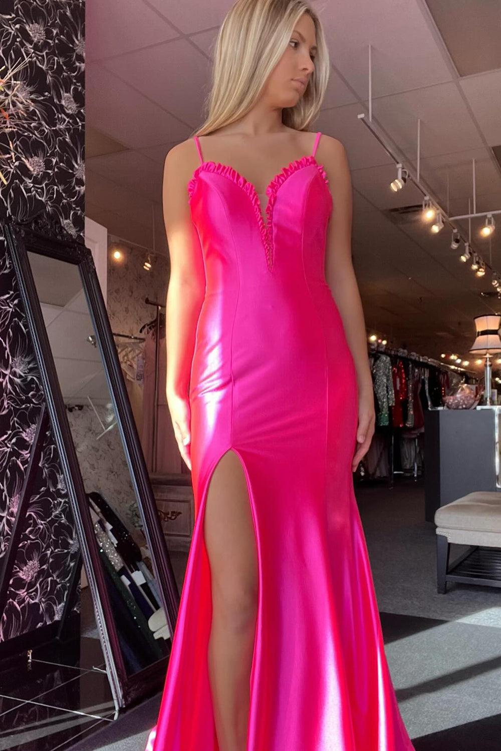 Spaghetti Straps Satin Mermaid Long Prom Dress with Slit