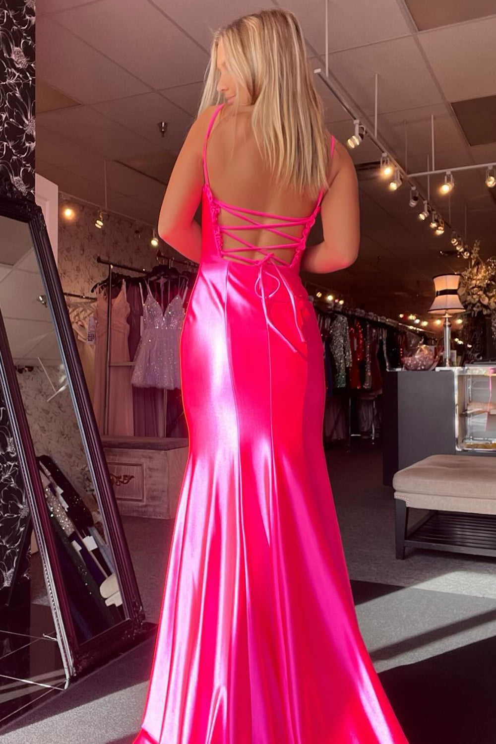 Spaghetti Straps Satin Mermaid Long Prom Dress with Slit