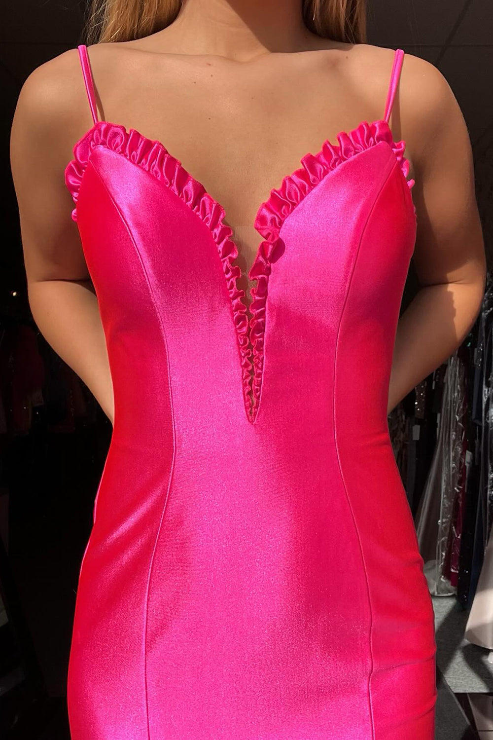 Spaghetti Straps Satin Mermaid Long Prom Dress with Slit