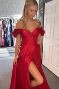 Vestido de fiesta largo de satén con corsé, corte en A, hombros descubiertos y abertura, con escote tipo corsé.