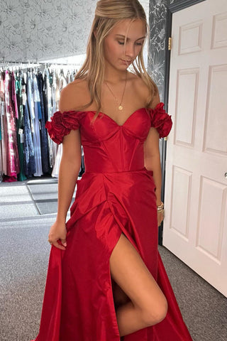 A-Line Off the Shoulder Satin Long Corset Prom Dress with Slit