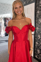 Vestido de fiesta largo de satén con corsé, corte en A, hombros descubiertos y abertura, con escote tipo corsé.