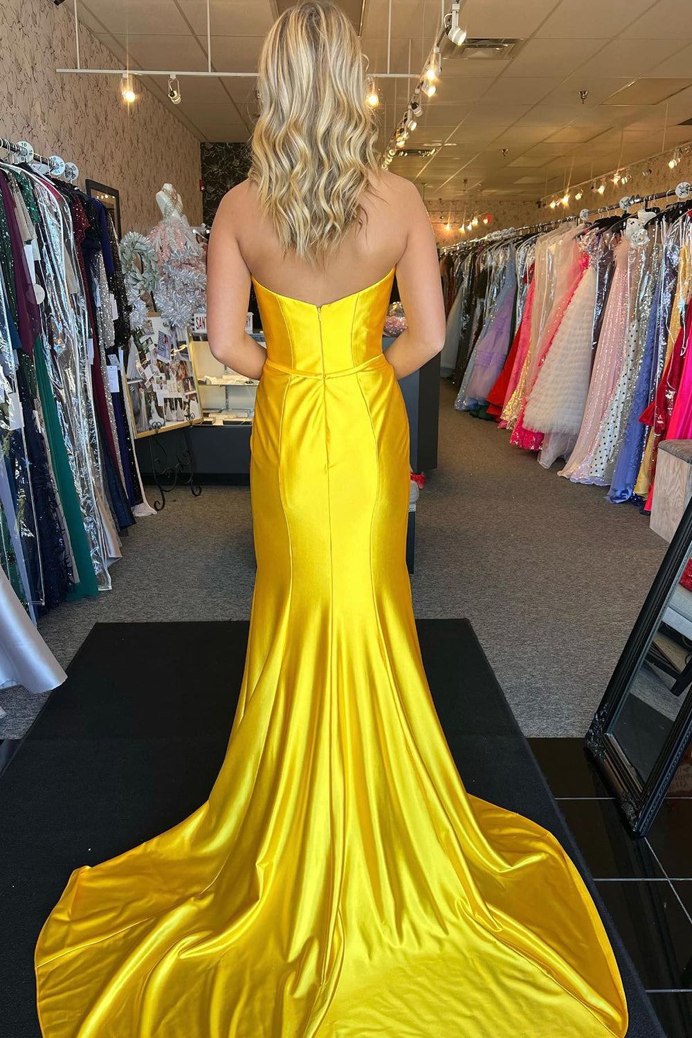 Strapless Satin Ruched Mermaid Long Prom Dress with Bow