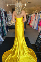 Strapless Satin Ruched Mermaid Long Prom Dress with Bow