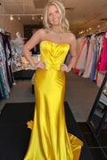 Strapless Satin Ruched Mermaid Long Prom Dress with Bow