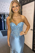 Sweetheart Satin Mermaid Long Corset Prom Dress with Appliques