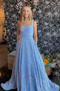 Robe de bal longue à sequins, bretelles spaghetti et coupe trapèze