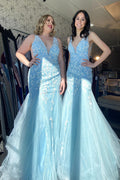 Deep V-neck Tulle Mermaid Long Prom Dress with Appliques