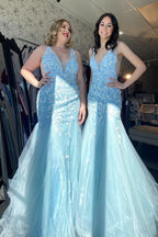 Deep V-neck Tulle Mermaid Long Prom Dress with Appliques
