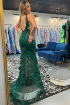 Deep V-neck Mermaid Tulle Long Prom Dress with Appliques