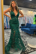 Deep V-neck Mermaid Tulle Long Prom Dress with Appliques