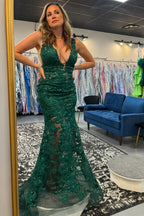 Deep V-neck Mermaid Tulle Long Prom Dress with Appliques