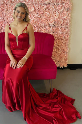 Vestido de fiesta largo de sirena con corsé, de satén burdeos con tirantes finos y tirantes finos