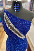 One Shoulder Sequins Cut-out Mermaid Long Prom Dress with Slit
