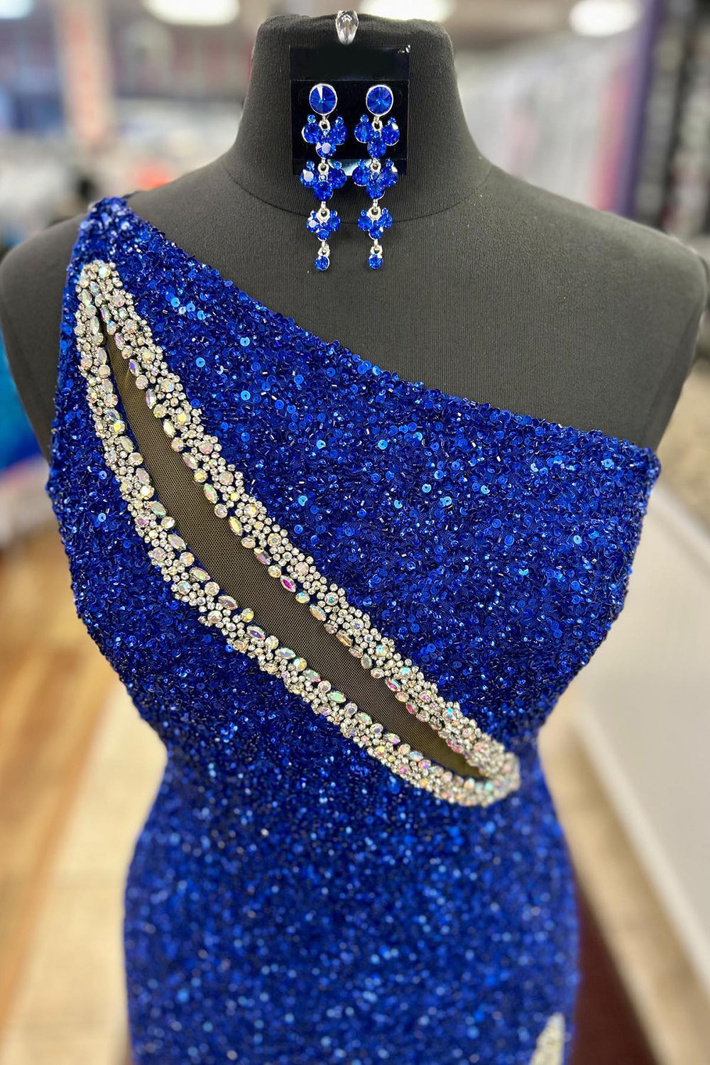 One Shoulder Sequins Cut-out Mermaid Long Prom Dress with Slit