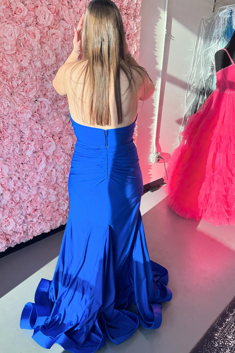 Halter Neck Satin Mermaid Long Prom Dress with Slit