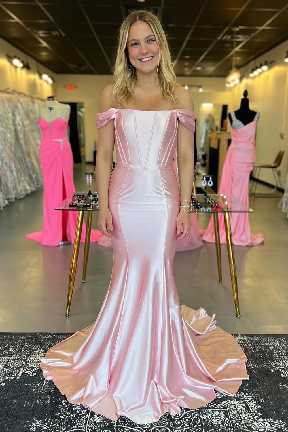 Off the Shoulder Satin Mermaid Long Corset Prom Dress