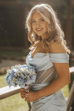 Off the Shoulder Satin Mermaid Long Corset Prom Dress with Slit