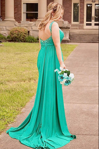 Spaghetti Straps Satin Mermaid Long Prom Dress with Beading