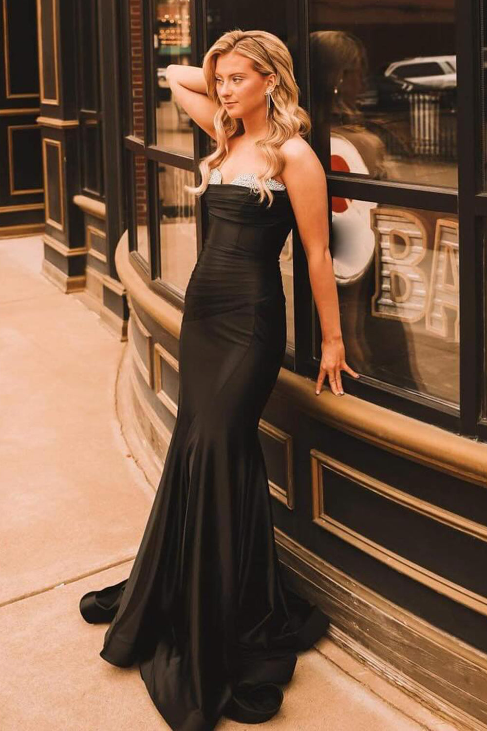 Strapless Ruched Satin Mermaid Long Prom Dress with Beading