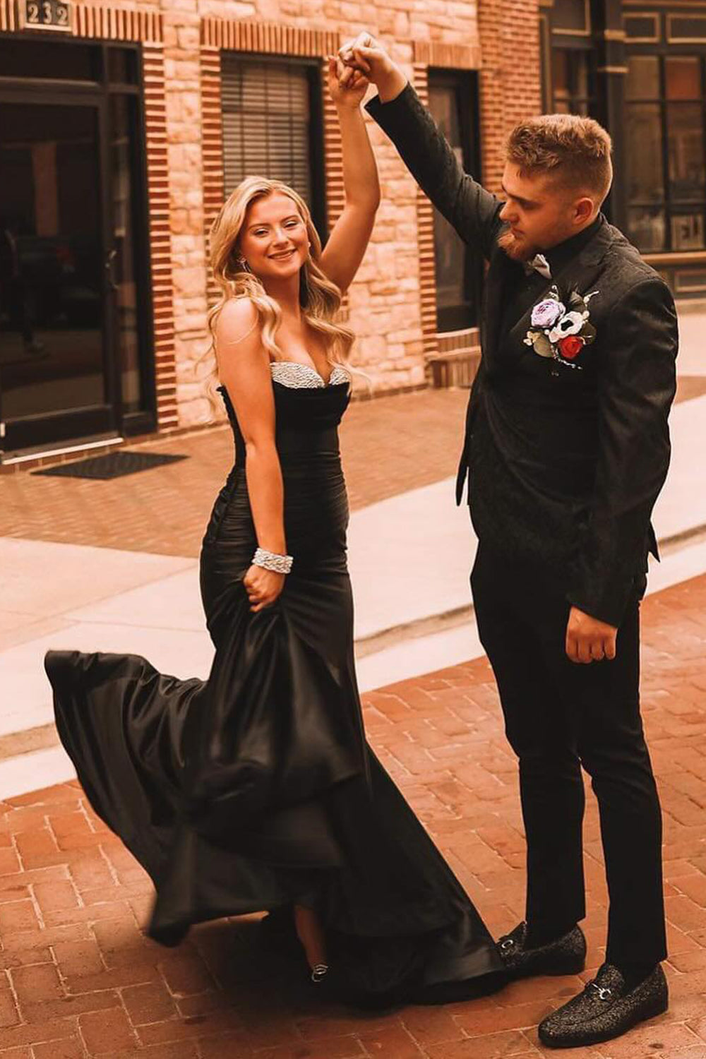 Strapless Ruched Satin Mermaid Long Prom Dress with Beading
