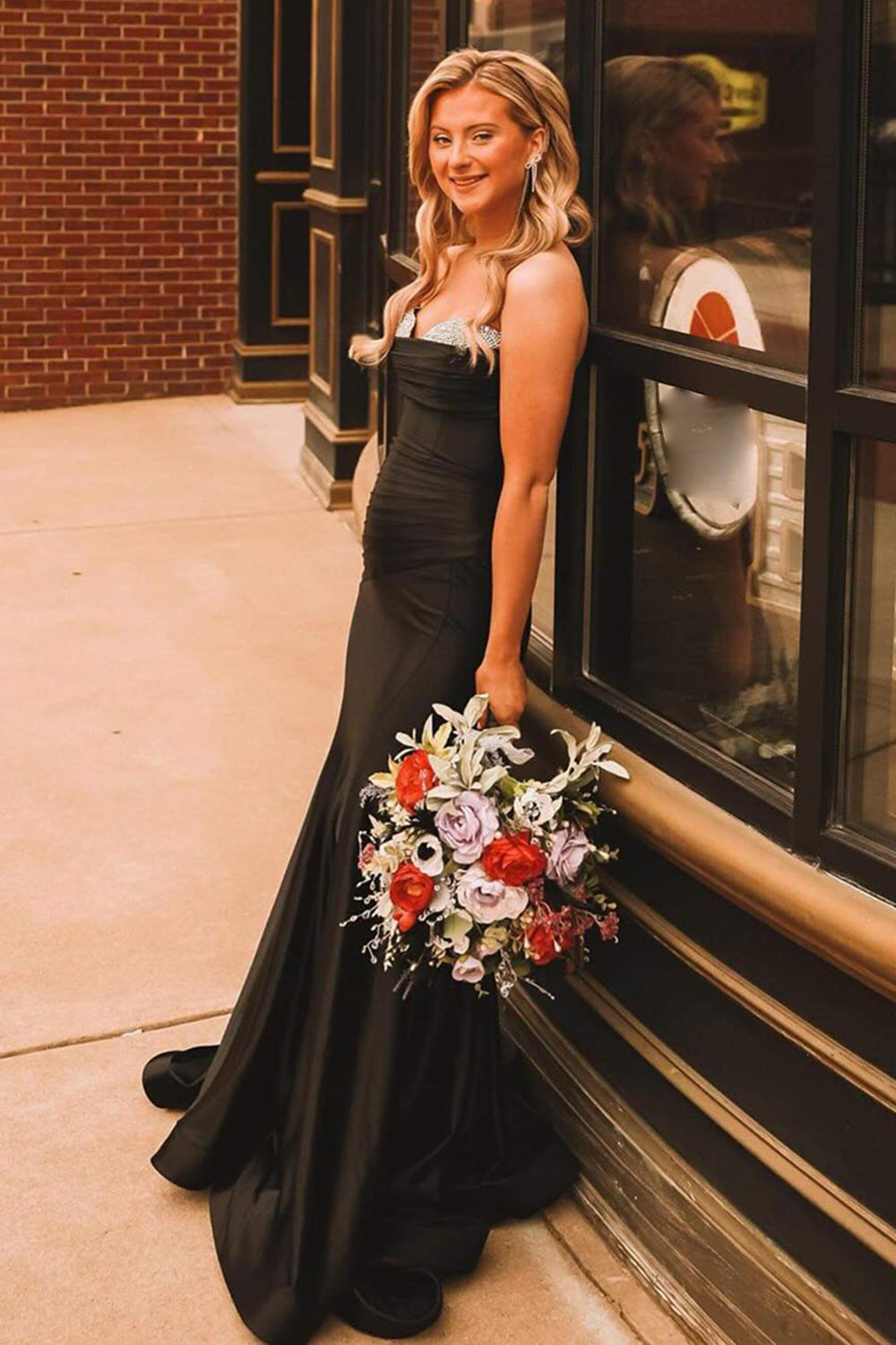 Strapless Ruched Satin Mermaid Long Prom Dress with Beading