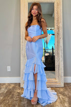 Robe de bal longue sirène bustier à volants avec fente