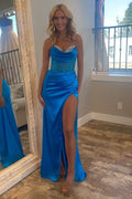Sweetheart Satin Mermaid Long Corset Prom Dress with Beading