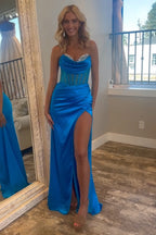 Sweetheart Satin Mermaid Long Corset Prom Dress with Beading