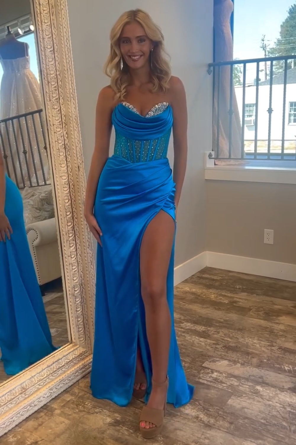 Sweetheart Satin Mermaid Long Corset Prom Dress with Beading