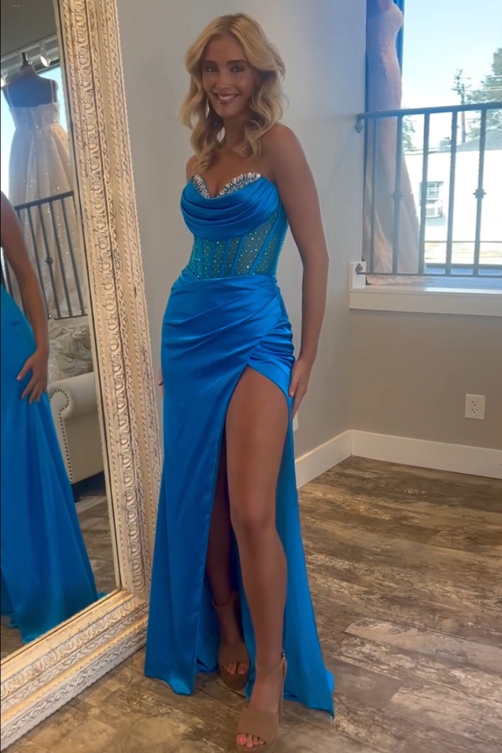 Sweetheart Satin Mermaid Long Corset Prom Dress with Beading