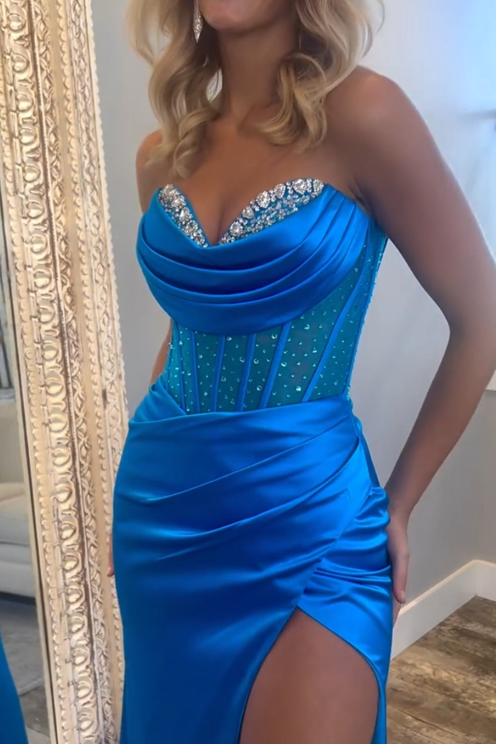 Sweetheart Satin Mermaid Long Corset Prom Dress with Beading
