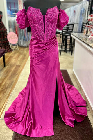 Off the Shoulder Satin Mermaid Long Corset Prom Dress with Slit