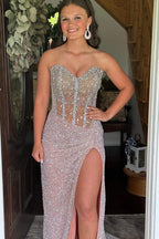 Sparkly Sweetheart Sequins Bodycon Long Corset Prom Dress with Beading