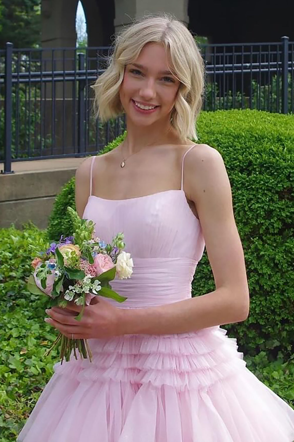 Spaghetti Straps Tulle A-Line Tiered Long Prom Dress