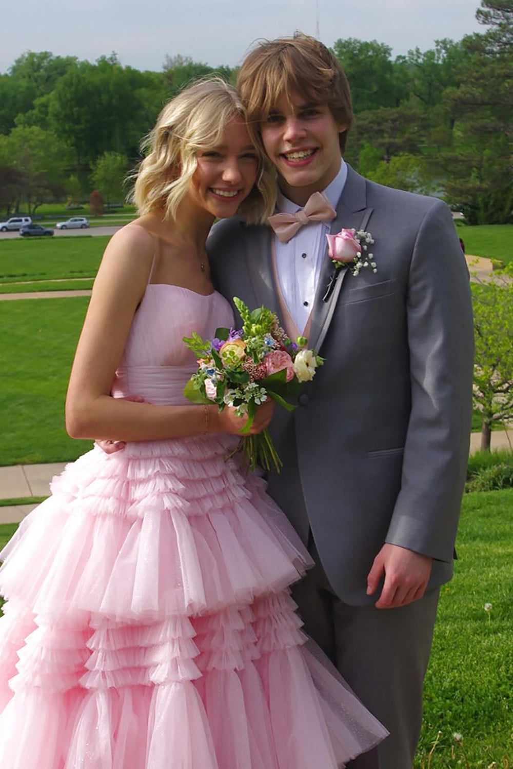 Spaghetti Straps Tulle A-Line Tiered Long Prom Dress