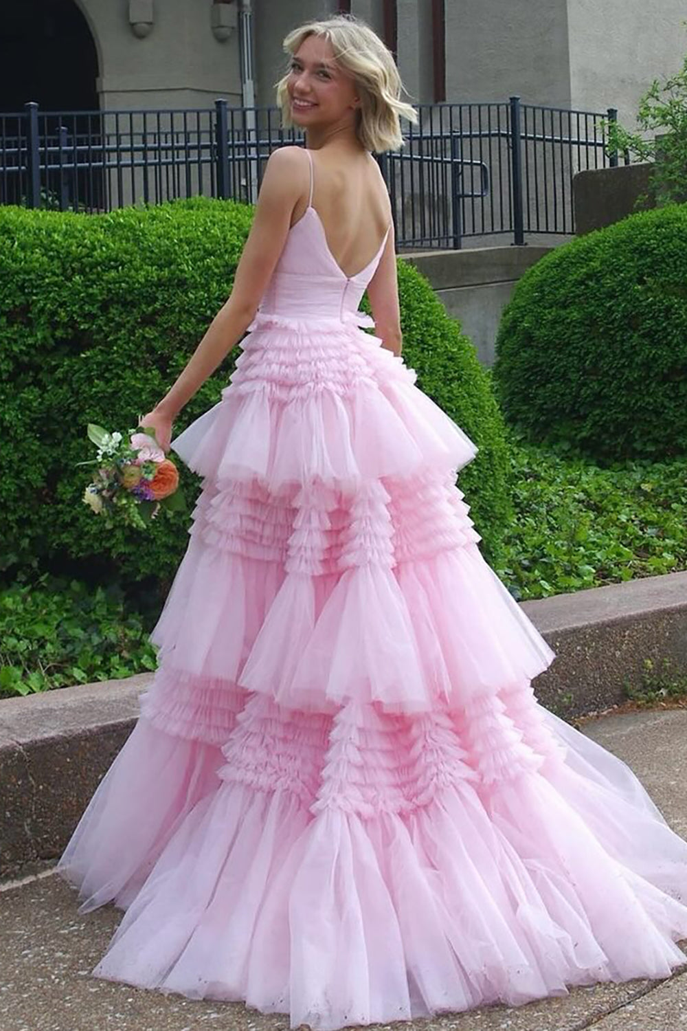 Spaghetti Straps Tulle A-Line Tiered Long Prom Dress