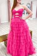 Sweetheart A-Line Cut-out Tulle Tiered Long Prom Dress