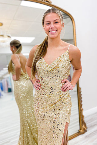 Sparkly Gold Spaghetti Straps Mermaid Sequin Open Back Long Prom Dress with Slit