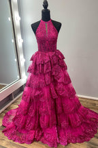 Sequins Halter Neck Tiered A Line Long Corset Prom Dress with Slit