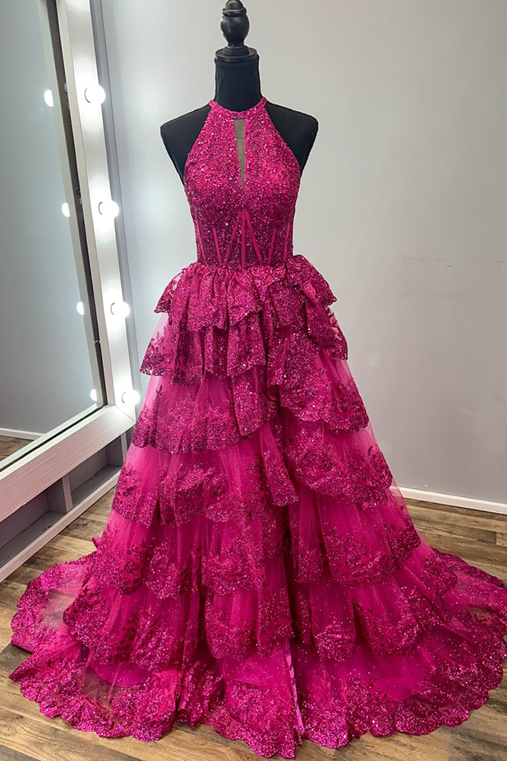 Sequins Halter Neck Tiered A Line Long Corset Prom Dress with Slit