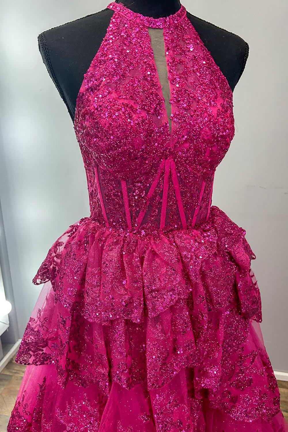 Sequins Halter Neck Tiered A Line Long Corset Prom Dress with Slit