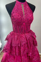 Sequins Halter Neck Tiered A Line Long Corset Prom Dress with Slit