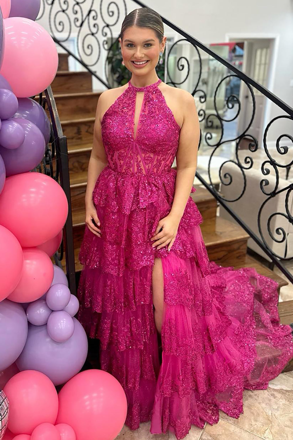 Sequins Halter Neck Tiered A Line Long Corset Prom Dress with Slit