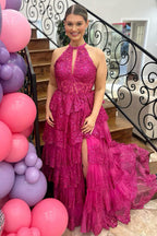 Sequins Halter Neck Tiered A Line Long Corset Prom Dress with Slit
