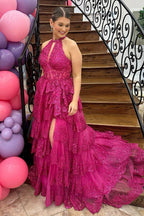 Sequins Halter Neck Tiered A Line Long Corset Prom Dress with Slit