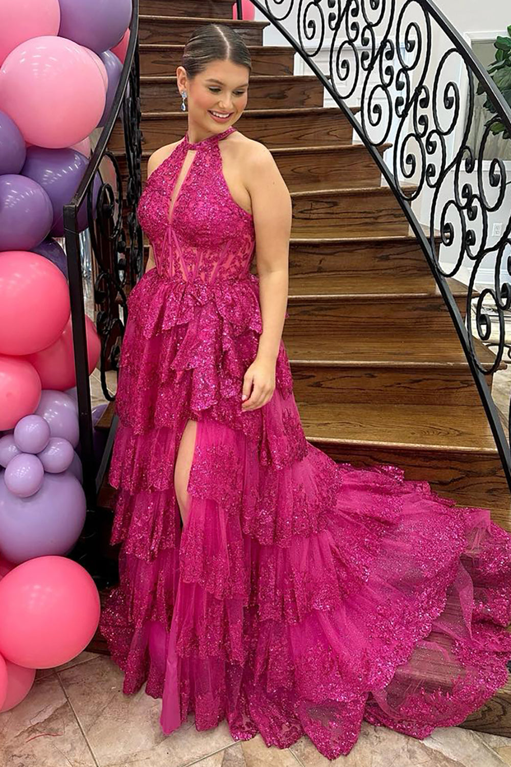 Sequins Halter Neck Tiered A Line Long Corset Prom Dress with Slit