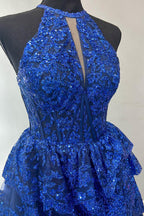 Sequins Halter Neck Tiered A Line Long Corset Prom Dress with Slit